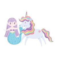 Unicornio y sirena mágica diseño de icono aislado de dibujos animados vector