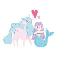 unicornio y princesa sirena encantador corazón fantasía dibujos animados vector