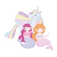 sirenas y unicornio arcoíris melena amor magia dibujos animados vector