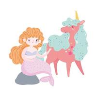 unicorn playing with mermaid characters magic dream cartoon vector