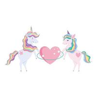 lindos unicornios con enorme corazón y nubes follaje naturaleza magia dibujos animados vector