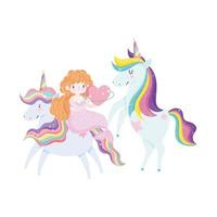 Linda sirena con corazón y adorables unicornios de dibujos animados de fantasía vector