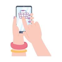 female hands with smartphone online shopping, social network communication system and technologies vector