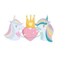 pequeños unicornios arcoiris melena con corona y corazón caricatura encantadora vector