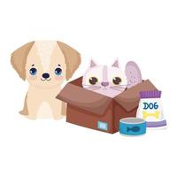 tienda de mascotas, perrito y gato en caja con dibujos animados domésticos de animales de comida vector