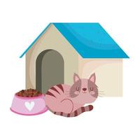 tienda de mascotas, lindo gato sentado con casa y tazón de comida animal doméstico dibujos animados vector