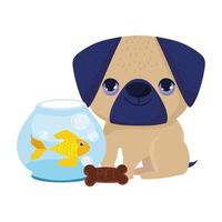 pet shop, little puppy fish in bowl and cookie bone animal domestic cartoon vector