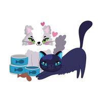 tienda de mascotas, gatitos esponjosos con lata de pescado y galletas dibujos animados domésticos de animales vector