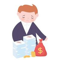 bankruptcy sad businessman with bag of money coins and debt stacked vector