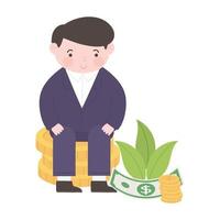 happy businessman sitting on coins vector