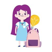 regreso a la escuela, niña estudiante y mochila dibujos animados de educación elemental vector