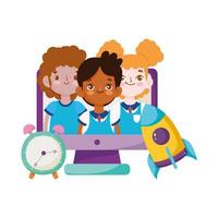 back to school, characters students computer clock and books backpack elementary education cartoon vector