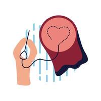 Hand with thread and needle doing heart flat style icon vector design