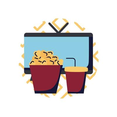 TV with popcorn and soda mug flat style icon vector design