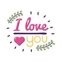 I love you text with leaves wreath flat style icon vector design