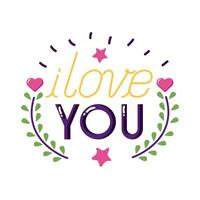 I love you text with leaves wreath flat style icon vector design