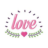 Love word with heart and leaves wreath flat style icon vector design