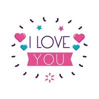 I love you text with hearts and ribbon flat style icon design vector