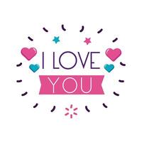 I love you text with hearts and ribbon flat style icon vector design