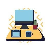 Computadora con tableta, taza de café y cactus dentro de maceta diseño de vector de icono de estilo plano
