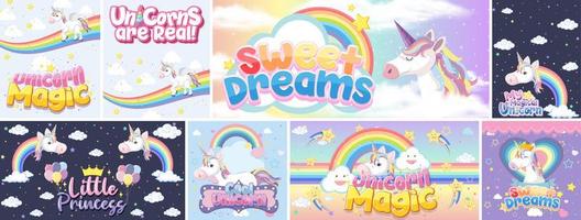 Cute unicorn banners on pastel background color vector