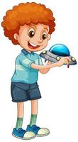 Boy holding ufo toy vector