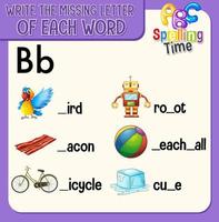 Fill the missing letter of each word worksheet for children vector