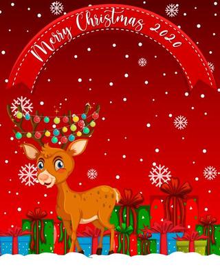 Merry Christmas 2020 font with reindeer cartoon character