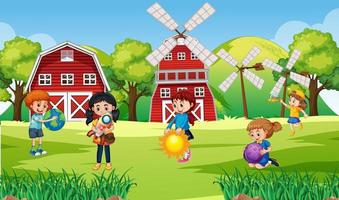 Scene with many children in the farm vector