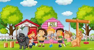 Group of pet with owner in playground scene vector