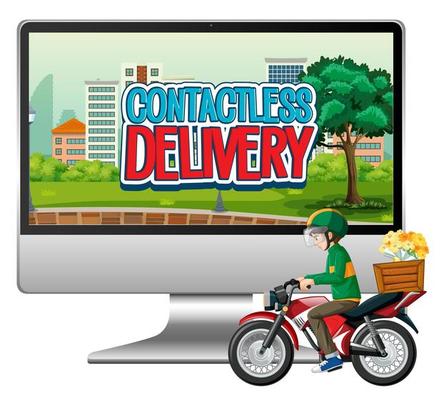 Computer with bike man or courier and contactless delivery text