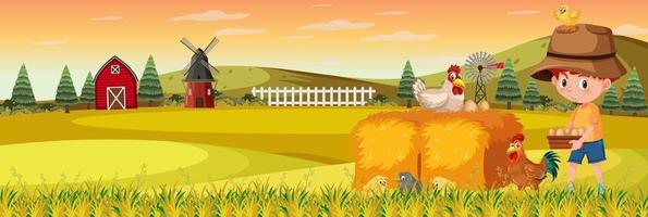 Cute boy in nature farm horizontal landscape scene at sunset time vector