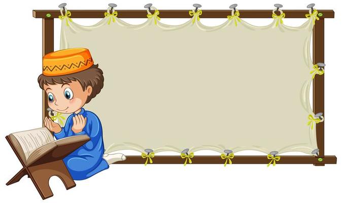 Blank wooden frame with muslim boy praying cartoon character
