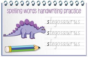 Spelling words dinosaur handwriting practice worksheet vector