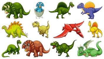 Conjunto de diferentes personajes de dibujos animados de dinosaurios aislado sobre fondo blanco. vector