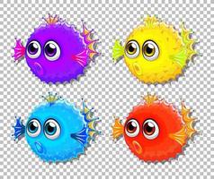 Set of different color puffer fish with big eyes cartoon characters vector