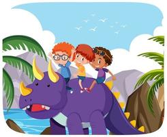 Niños felices con dinosaurios en el fondo de la naturaleza vector