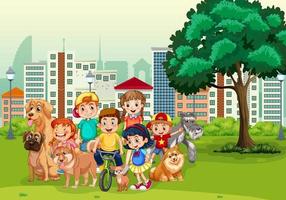 Park outdoor scene with many children and their pets vector
