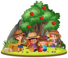 niños jardinería en el jardín vector