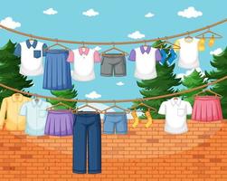 Clothes hanging on line in the yard vector