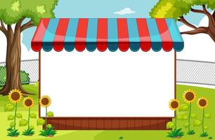 Blank banner with awning in nature park scene with sunflowers vector