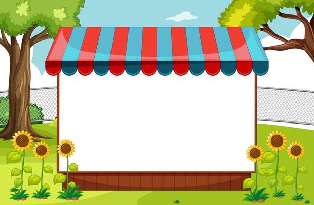 Blank banner with awning in nature park scene with sunflowers