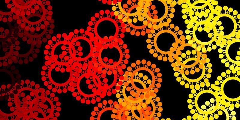 Dark red, yellow vector background with covid-19 symbols