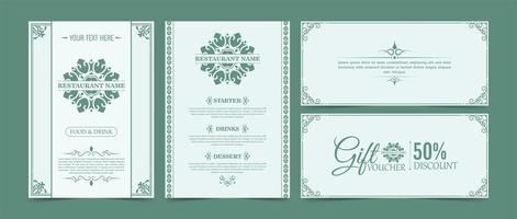 Restaurant menu and gift vouchers in classic style set vector