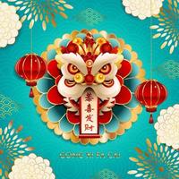 gong xi fa cai cabeza de danza del león con concepto de linternas vector