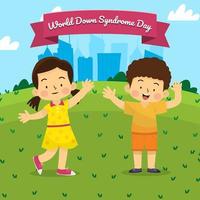 Happy Down Syndrome Boy and Girl Play in Park with Cities Background on Blue Sky Day vector