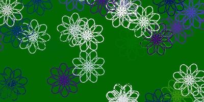 textura de doodle de vector azul claro, verde con flores.