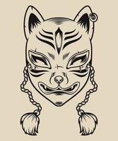 Black and white illustration of a Japanese fox mask vector