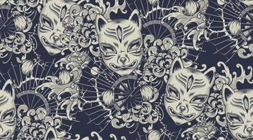 Monochrome pattern with a Kitsune mask on the Japanese theme. vector