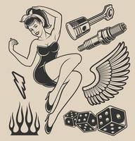 Ilustración de chica pin-up con elementos de diseño vector